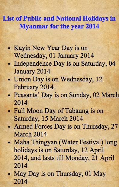 Myanmar Public Holiday 2015