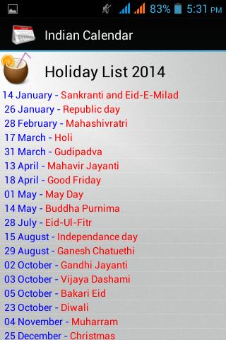 Indian Calendar 2014