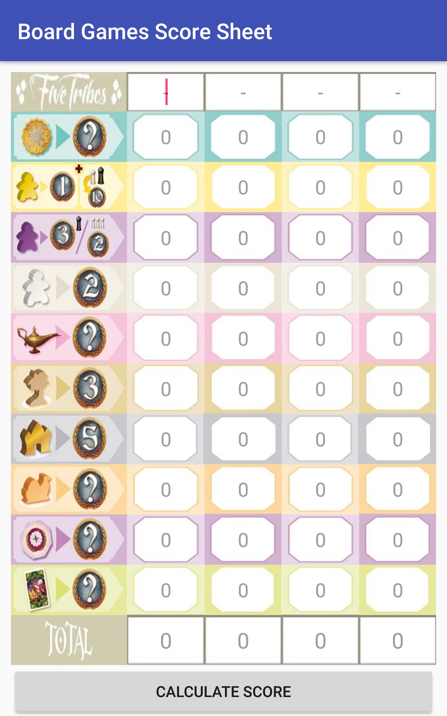 Board Games Score Sheet